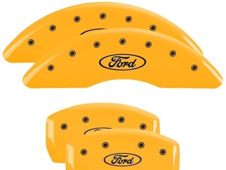 MGP 4 Caliper Covers Engraved Front & Rear 24-25 Ford Mustang EcoBoost Yellow Finish Black Ford Logo on Sale