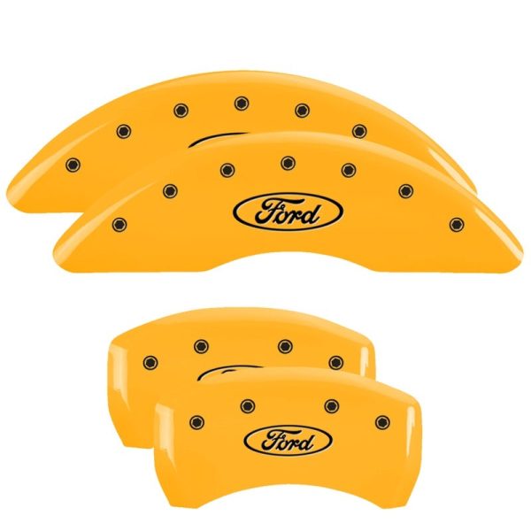 MGP 4 Caliper Covers Engraved Front & Rear 24-25 Ford Mustang EcoBoost Yellow Finish Black Ford Logo on Sale